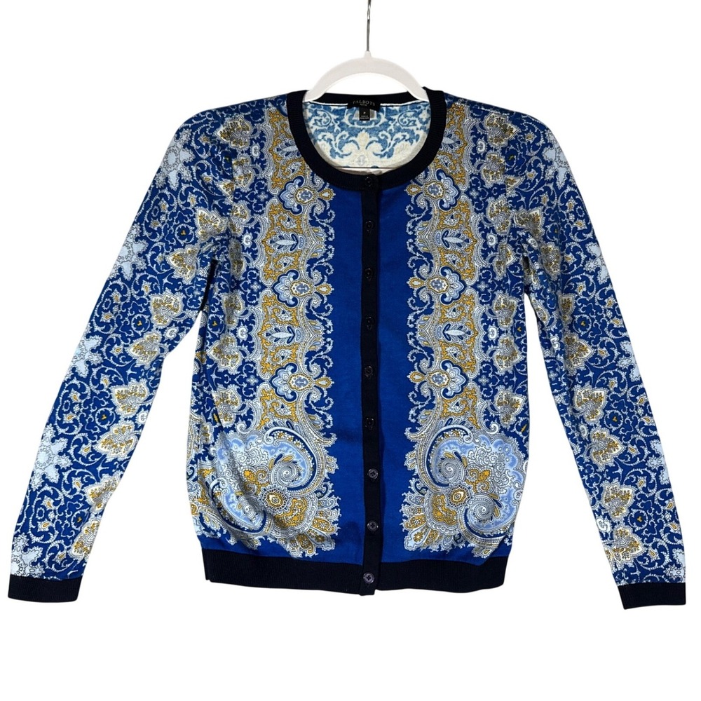 Talbots Charming Cardigan Breton Blue Paisley Sz P, XS Button Front Lightweight